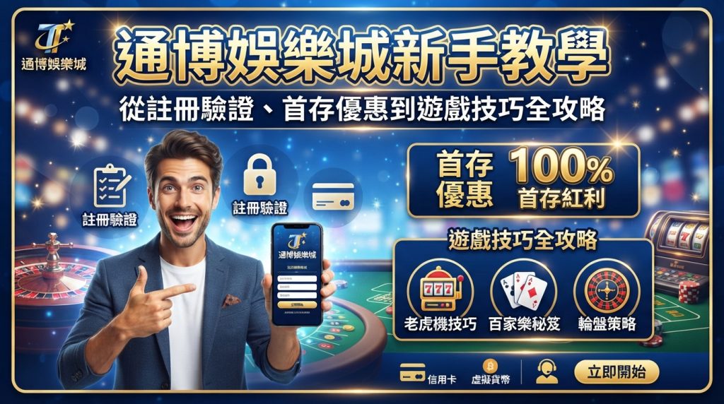 這是一張專為「通博娛樂城新手教學」設計的16:9 SEO文章縮圖，畫面融合了註冊驗證、首存優惠與遊戲技巧等核心主題。 圖片採用精緻的繁體中文排版，搭配專業的賭場娛樂城視覺元素，能有效吸引新手的目光並提升點擊率。